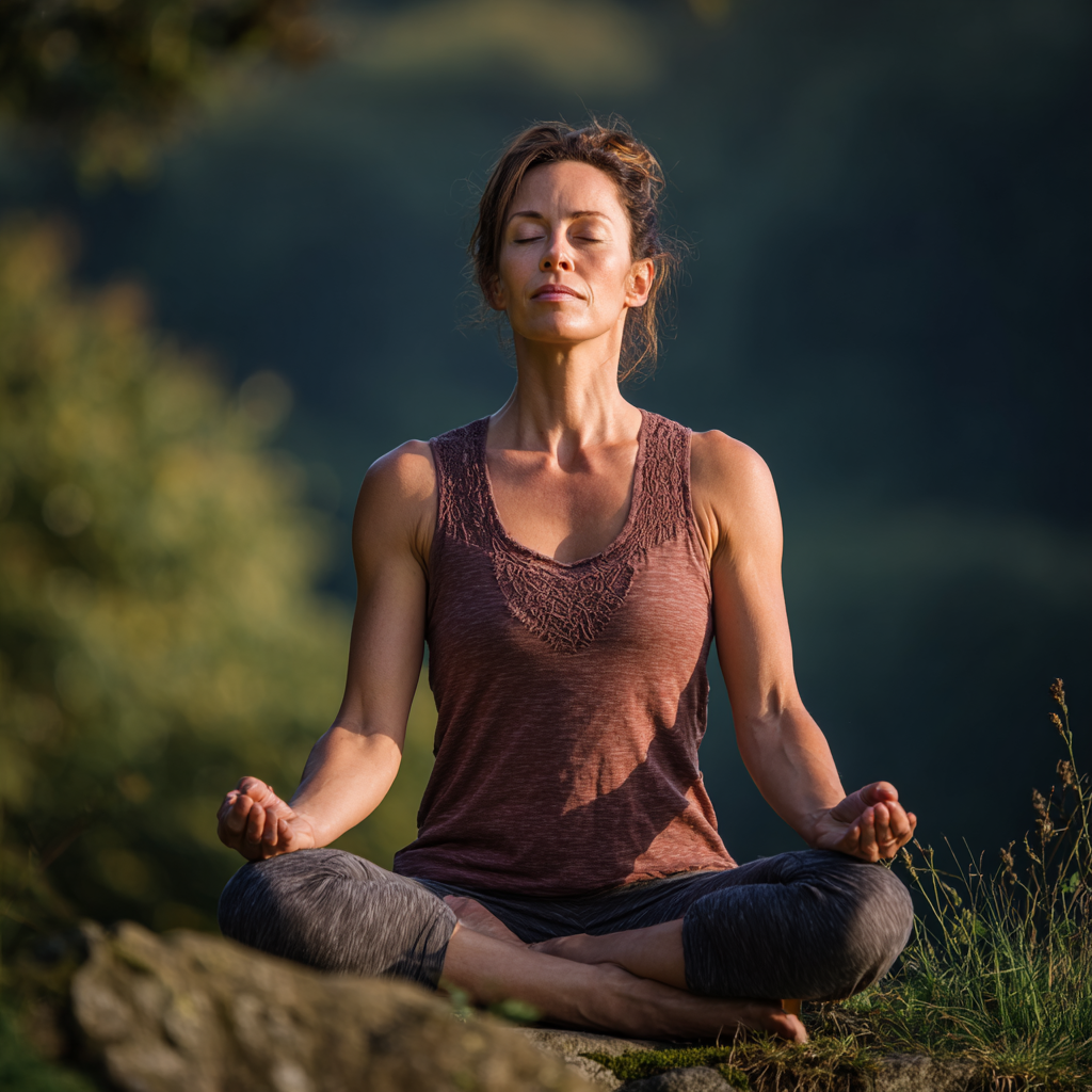 Peaceful woman in her late 40s practicing yoga meditation pose outdoors, sitting cross-legged with eyes closed in serene natural setting, wearing comfortable yoga attire, embodying mindfulness and inner balance